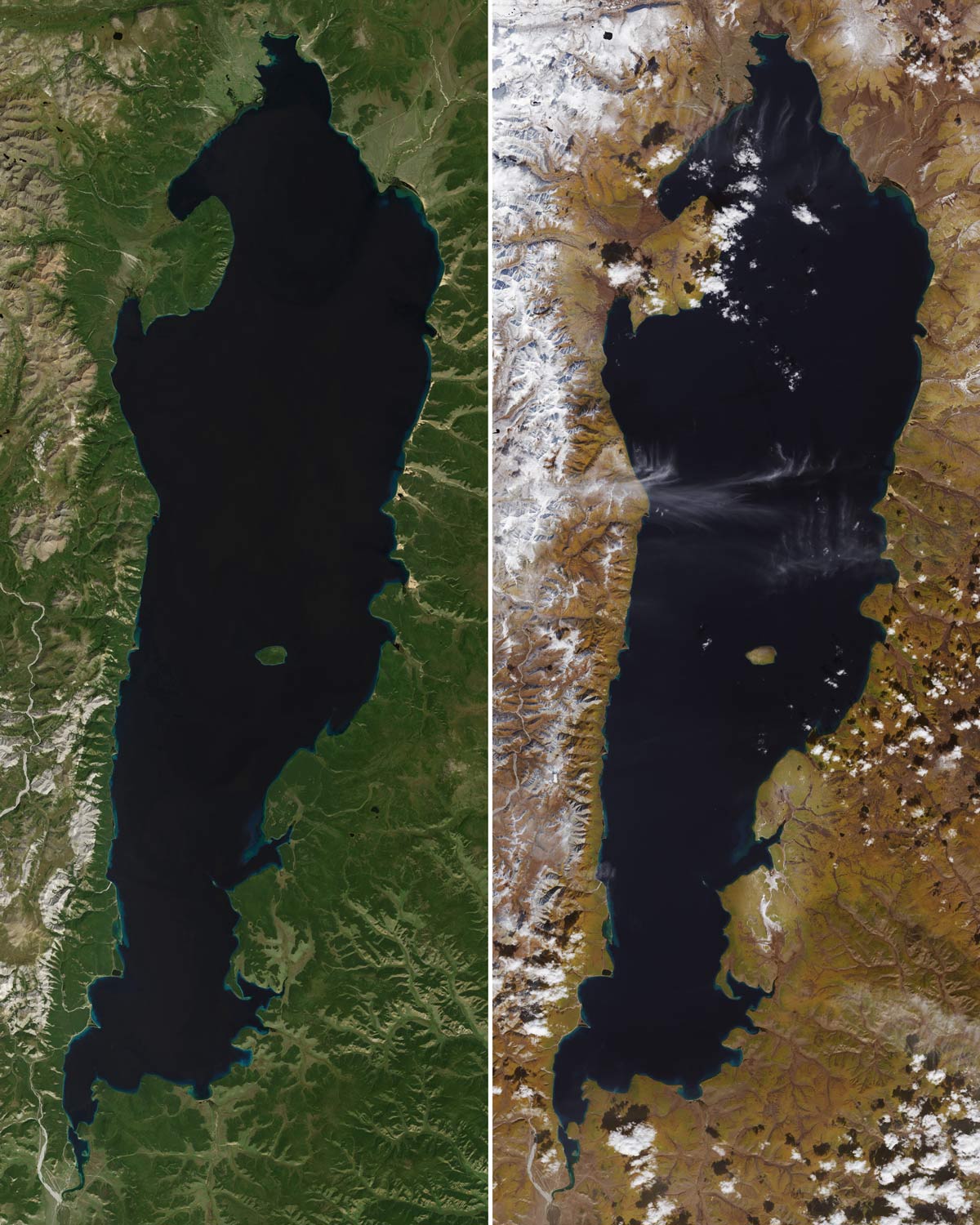 Satellite images of Khuvsgul Lake side by side, green summer landscape on the left and golden autumn landscape with snow on the right